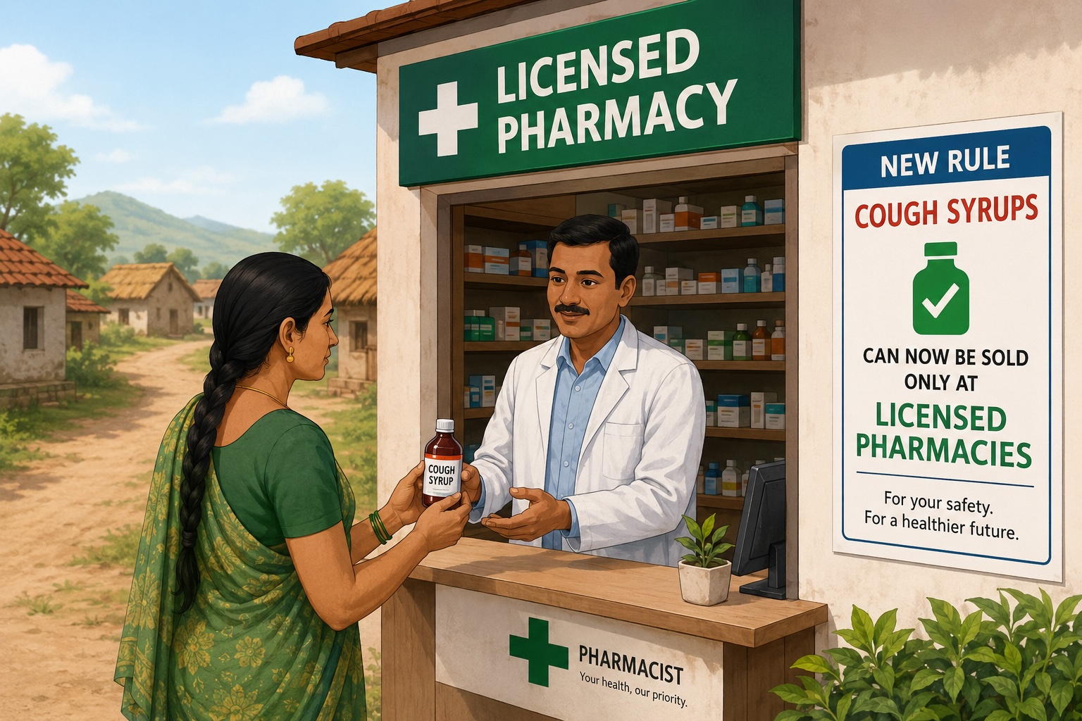 A woman receiving cough syrup from a pharmacist at a licensed pharmacy in rural India