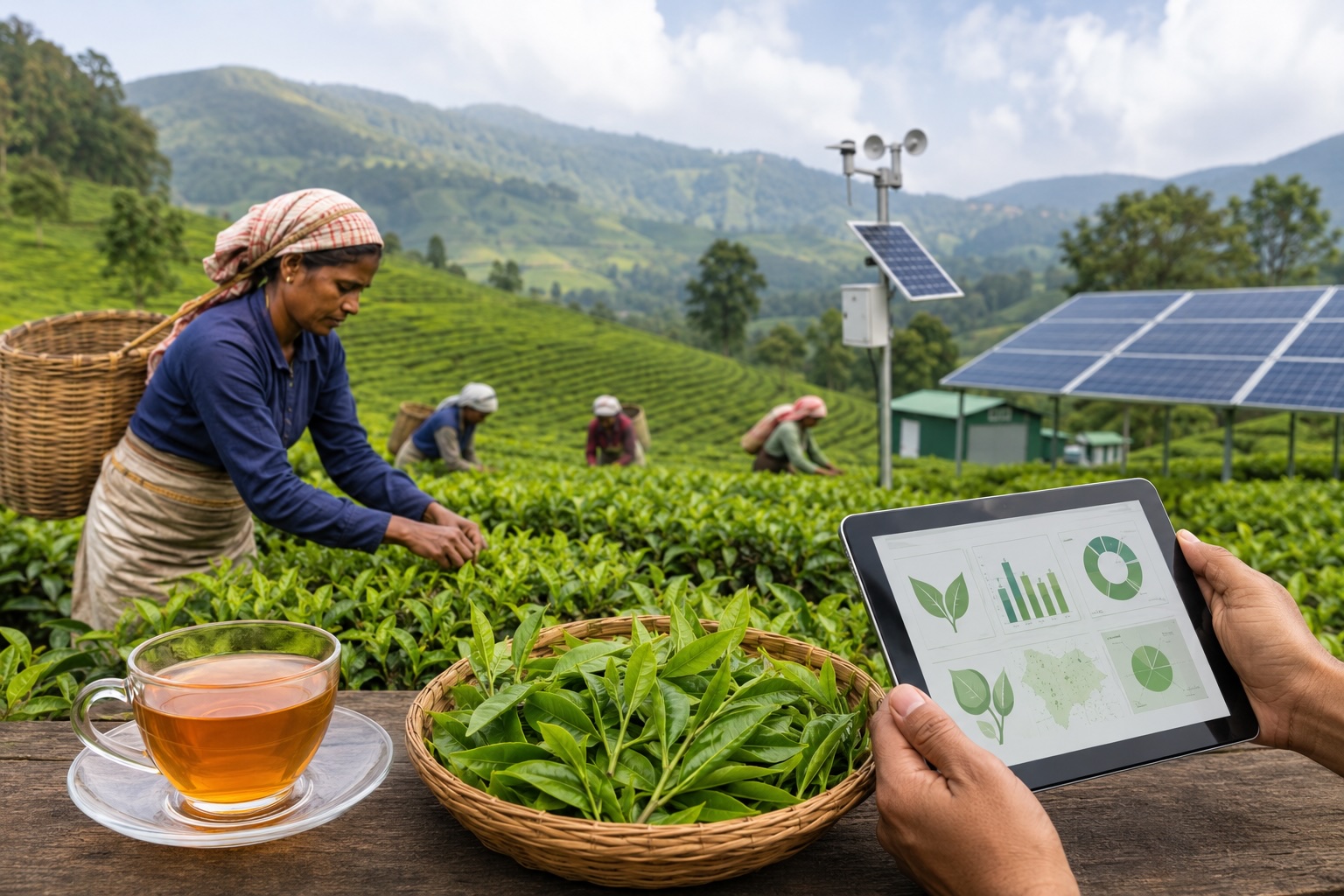Tea workers picking leaves at a plantation in India with solar panels and digital analytics in the foreground
