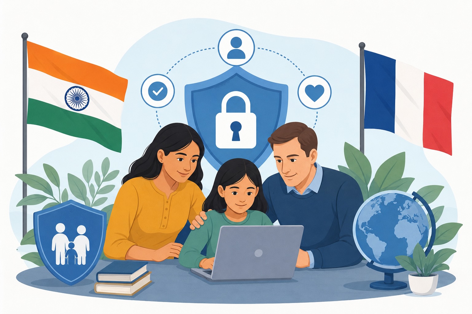 Parents guiding a child through digital safety online with India and France flags