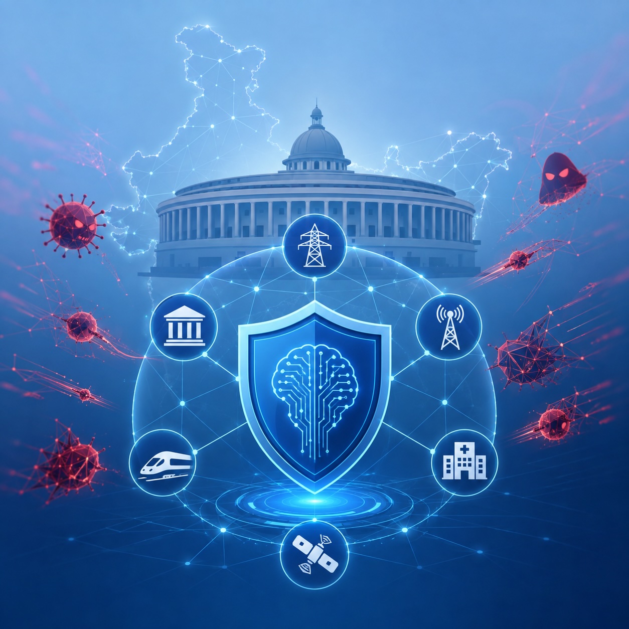 Illustration of AI-powered cyber security shielding India's critical infrastructure — power, banking, telecom, rail, health and satellite systems — from digital threats