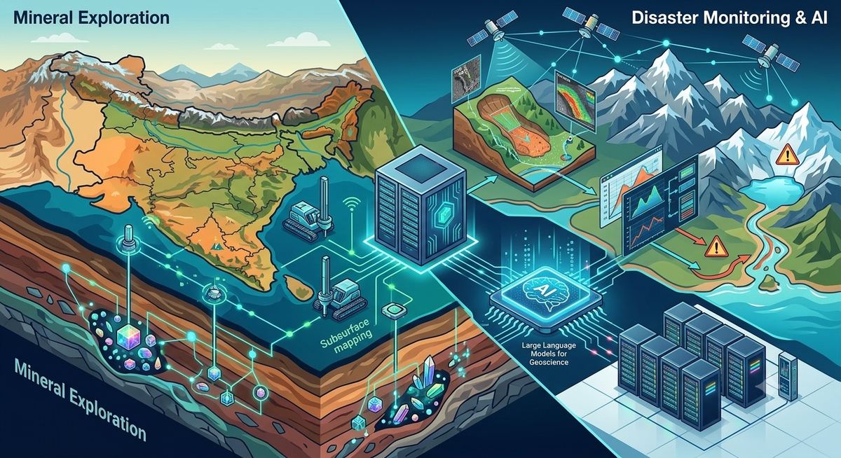 Illustration of AI and supercomputing mapping subsurface critical minerals in India and powering satellite-based disaster monitoring for landslides and glacial floods