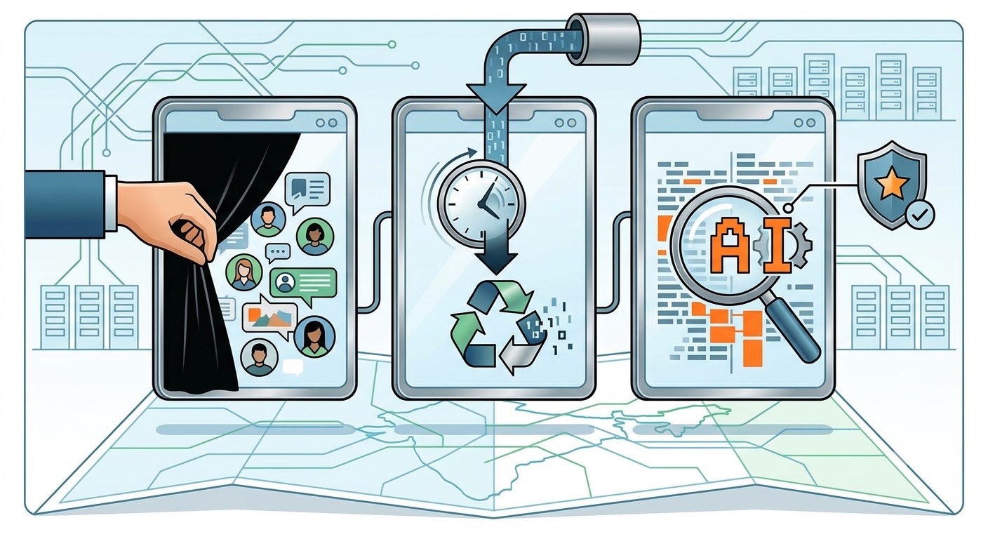 Illustration of AI content moderation on social media, showing content review, faster takedown timelines, and AI safety oversight