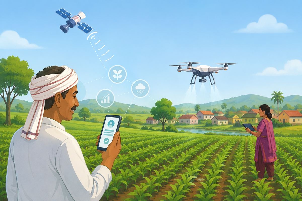 Farmer and woman using satellite and drone technology in rural Indian farmland