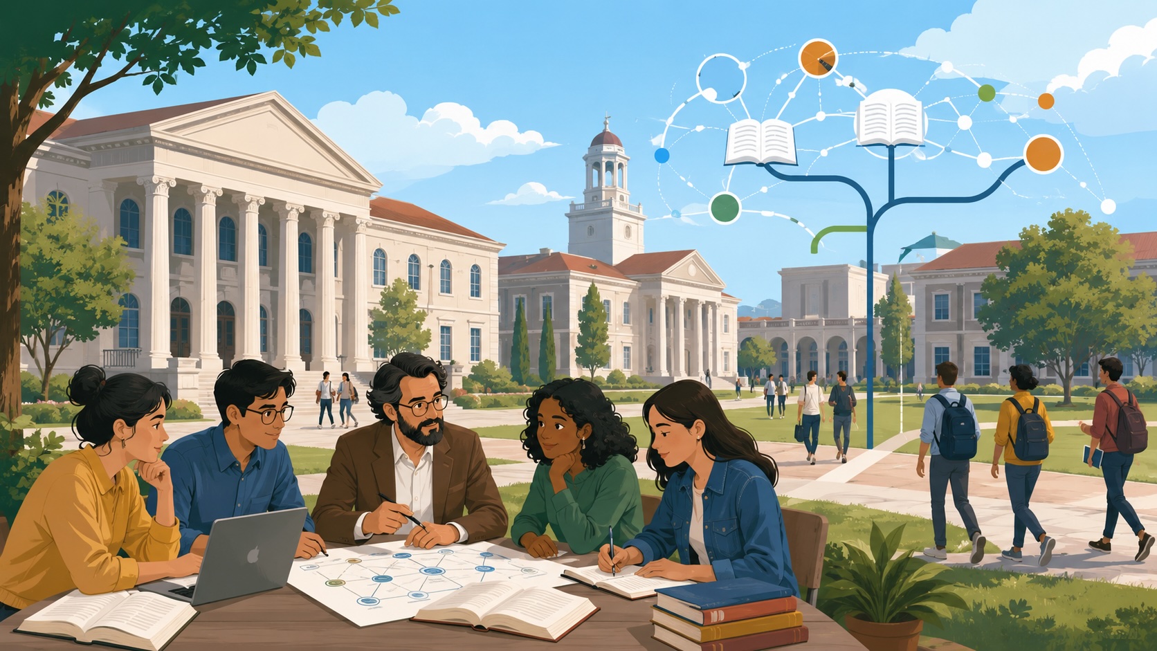 Professor and students discussing curriculum on a college campus
