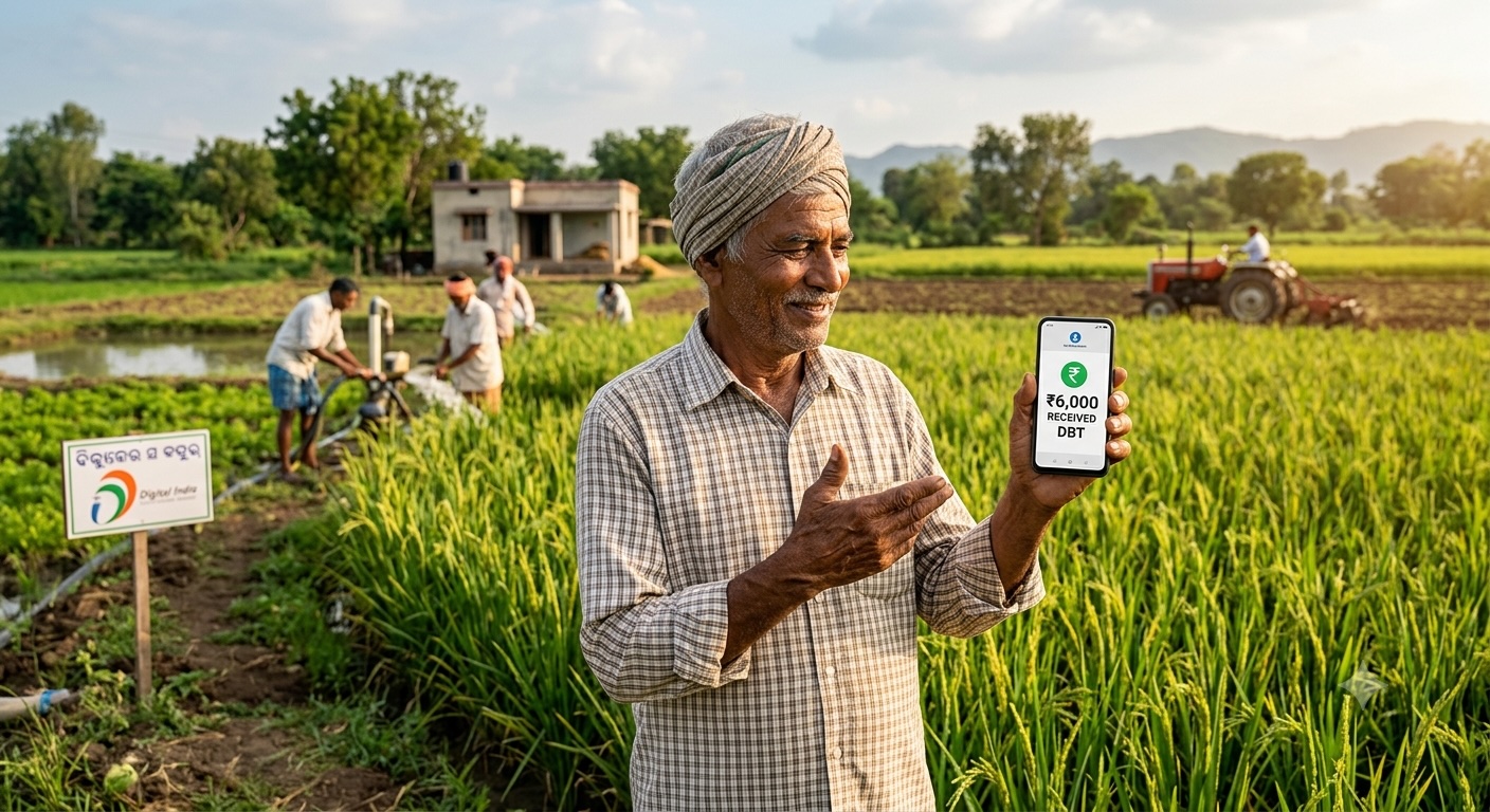 A farmer holds up a phone showing a ₹6,000 PM-KISAN Direct Benefit Transfer confirmation, with a Digital India signpost and rice fields in the background