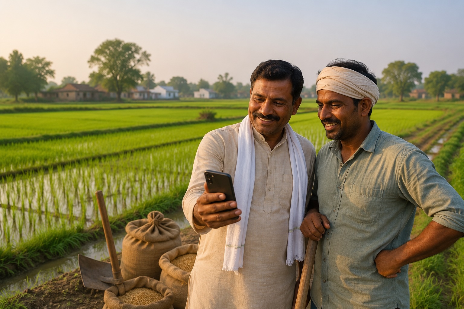 Indian farmers checking PM-KISAN payment on mobile phone in a paddy field